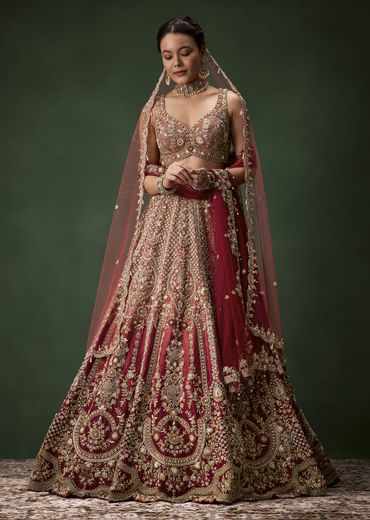 Pink Embroidered Bridal Raw Silk Lehenga Set with Two Dupattas