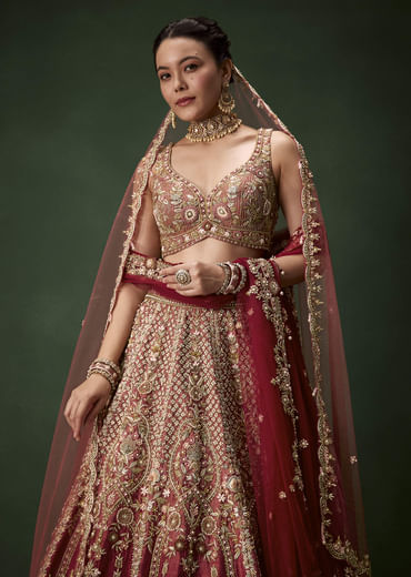 Pink Embroidered Bridal Raw Silk Lehenga Set with Two Dupattas