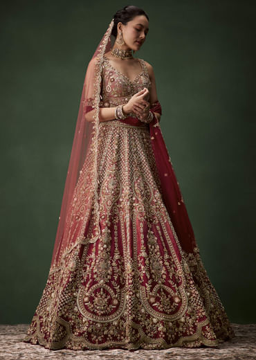 Pink Embroidered Bridal Raw Silk Lehenga Set with Two Dupattas