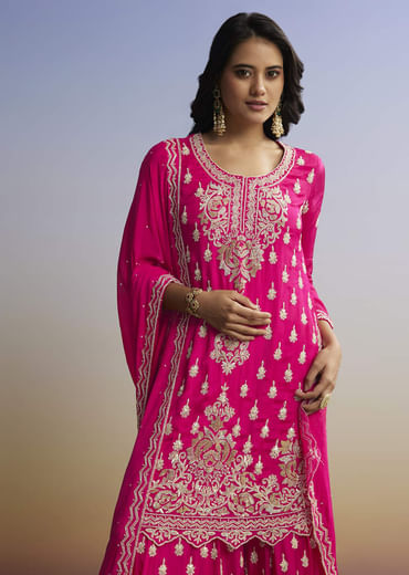 Pink Embroidered Palazzo Set In Chinon