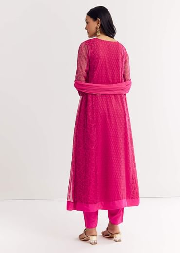Pink Floral Chiffon Anarkali Kurta Set With Dupatta