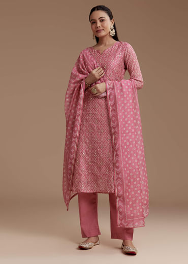 Pink Floral Print Chanderi Kurta Set with Gotta Work