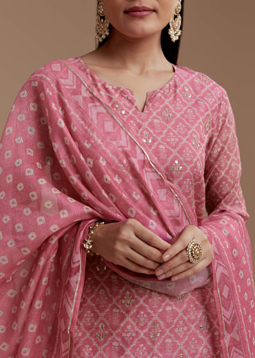 Pink Floral Print Chanderi Kurta Set with Gotta Work