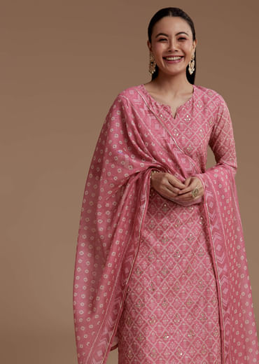 Pink Floral Print Chanderi Kurta Set with Gotta Work