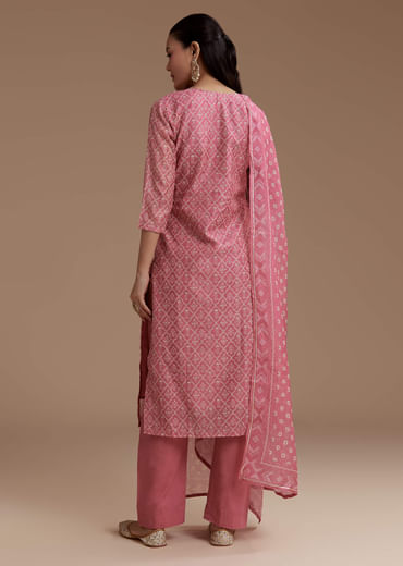 Pink Floral Print Chanderi Kurta Set with Gotta Work