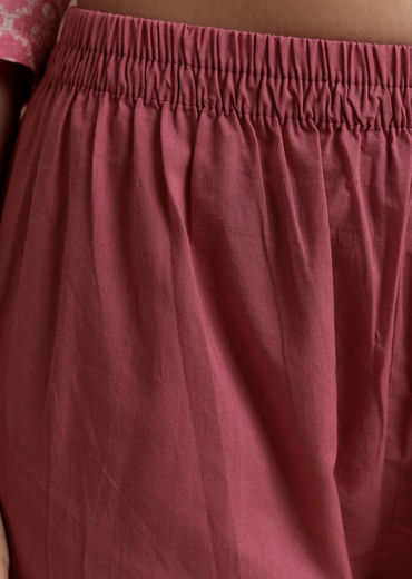 Pink Floral Print Chanderi Kurta Set with Gotta Work