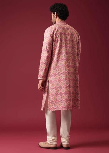 Pink Floral Print Kurta Set in Silk