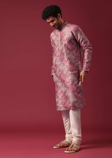 Pink Foil Print Kurta Set In Silk