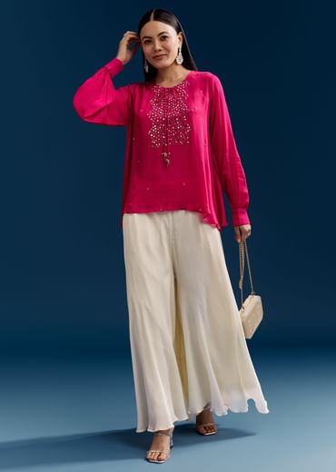 Pink Georgette Crop Top With Mirror Work