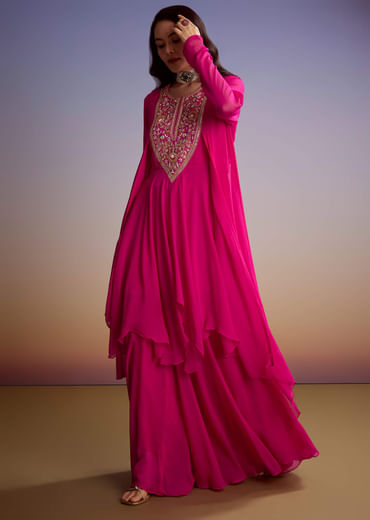 Pink Georgette Indo Western Set With Zari And Sequins Work