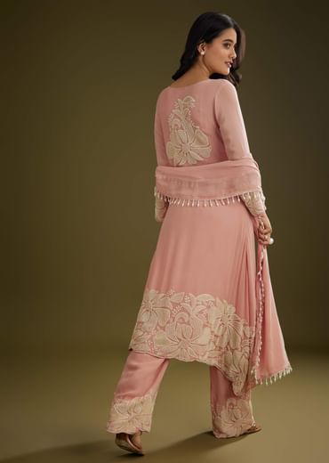 Pink Georgette Moti Work Asymmetrical Kurta Set With Tassels Bordered Dupatta