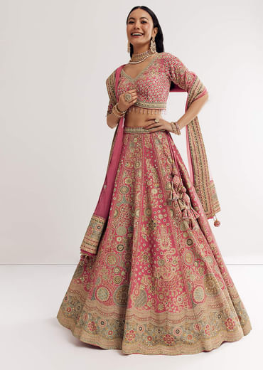 Pink Georgette Printed Cutdana Stonework Lehenga With Net Dupatta