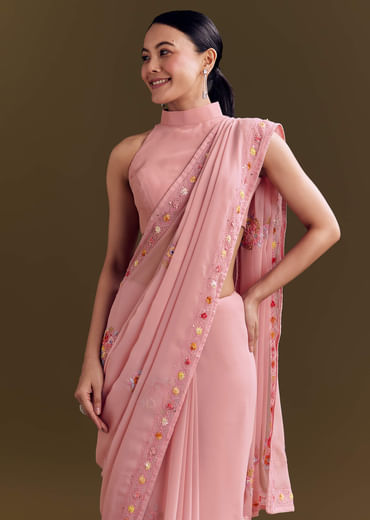 Pink Georgette Saree With All Over Kashmiri Bud Work