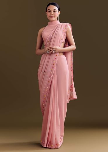 Pink Georgette Saree With All Over Kashmiri Bud Work