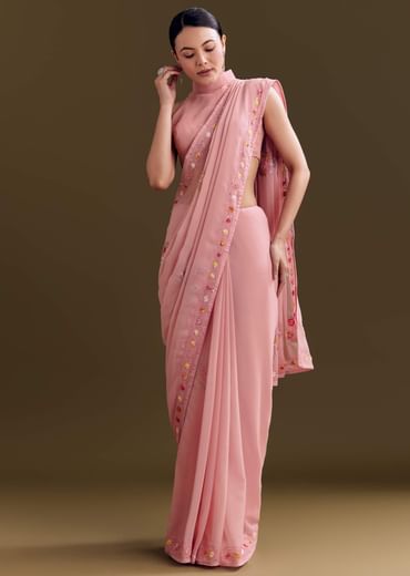 Pink Georgette Saree With All Over Kashmiri Bud Work