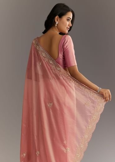 Pink Glass Tissue Sareee With Embroidered Scallop Border