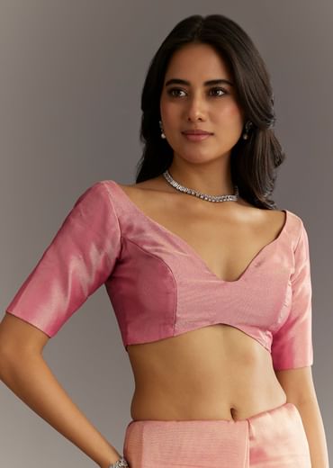 Pink Glass Tissue Sareee With Embroidered Scallop Border