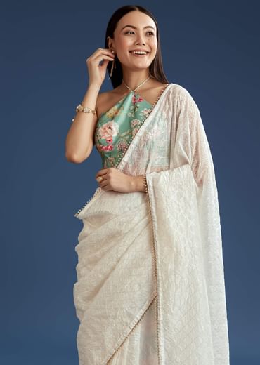 White Green Glass Tissue Sequin Embroidered Saree With Contrast Blouse