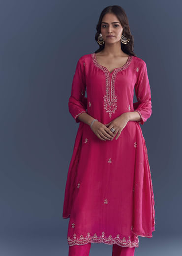 Pink Hosiery Kurta Set With Cutdana And Mirror Work