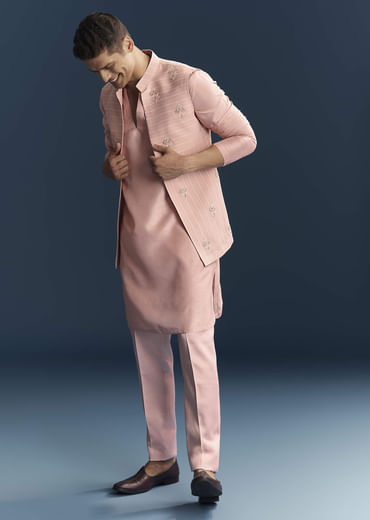 Pink Imported Linen Kurta Jacket Set For Men With Aari Embroidery