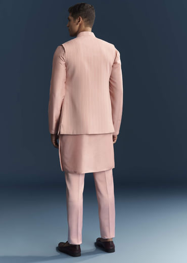 Pink Imported Linen Kurta Jacket Set For Men With Aari Embroidery