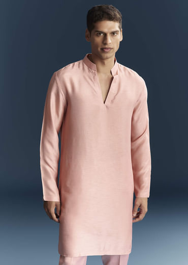 Pink Imported Linen Kurta Jacket Set For Men With Aari Embroidery