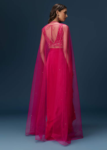 Pink Indo Western Skirt Set With Embroidered Blouse And Dupatta