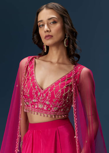 Pink Indo Western Skirt Set With Embroidered Blouse And Dupatta