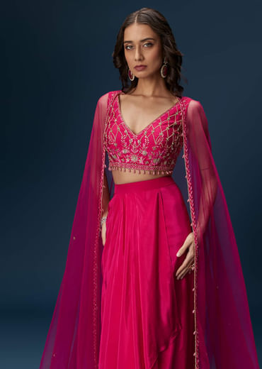 Pink Indo Western Skirt Set With Embroidered Blouse And Dupatta