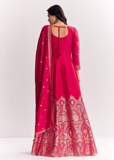 Pink Jacquard Silk Anarkali Suit With Dupatta