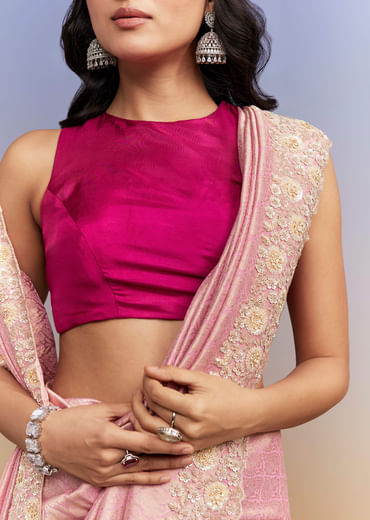 Pink Jacquard Tissue Saree With Heavy Hand Embroidery
