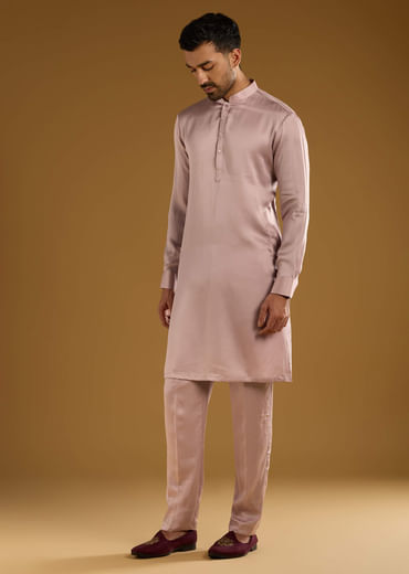 Pink Kurta Jacket Set For Men With Thread Work