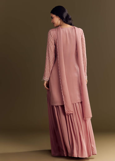 Pink Kurta Set With Embroidered Palazzo And Sequins Dupatta