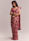 Pink Linen Printed Saree With Traditional Ajrakh Hand Block Print