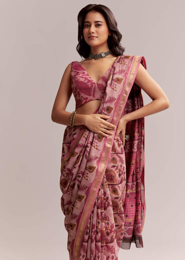 Pink Linen Printed Saree With Traditional Ajrakh Hand Block Print