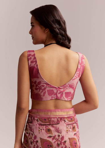 Pink Linen Printed Saree With Traditional Ajrakh Hand Block Print