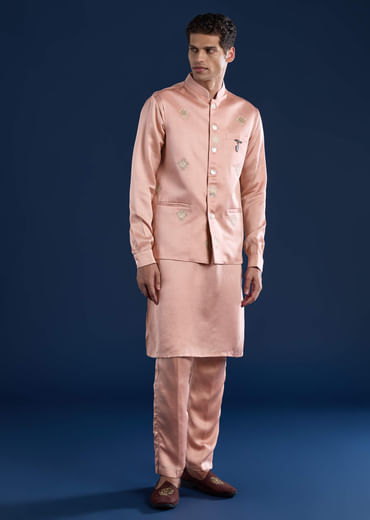Pink Linen Silk Jacket Kurta Set with Zari Work