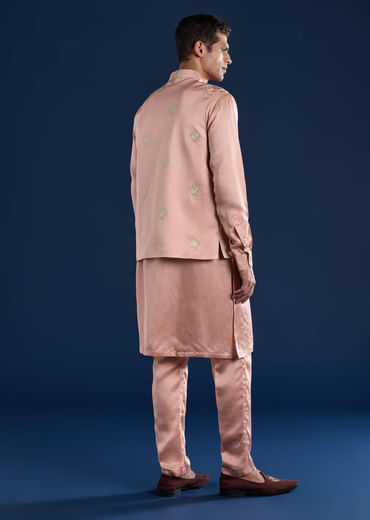 Pink Linen Silk Jacket Kurta Set with Zari Work
