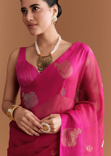 Pink Linen Woven Saree With Brocade And Zari Work