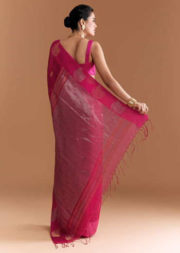 Pink Linen Woven Saree With Brocade And Zari Work