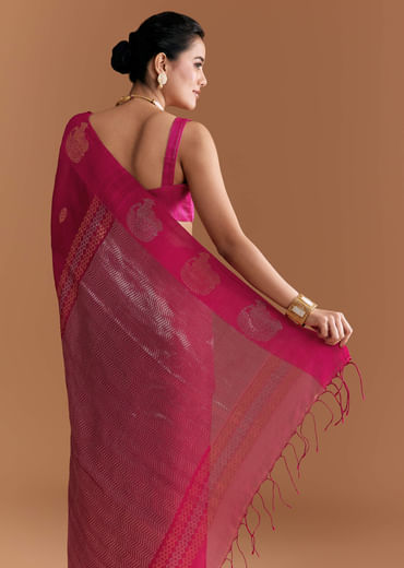 Pink Linen Woven Saree With Brocade And Zari Work