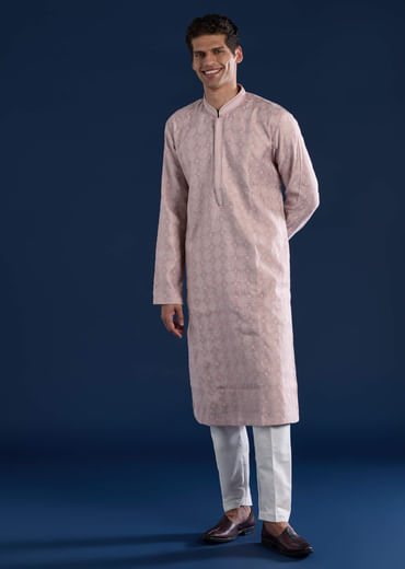 Pink Mens Jacquard Self Work Straight Kurta and Pant Set