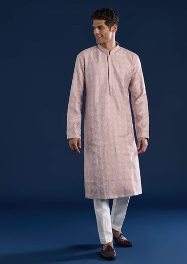 Pink Mens Jacquard Self Work Straight Kurta and Pant Set