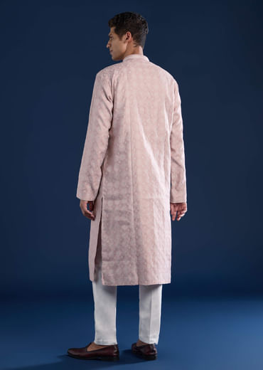Pink Mens Jacquard Self Work Straight Kurta and Pant Set