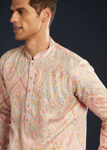 Pink Mens Kurta Set with Resham Thread Embroidery