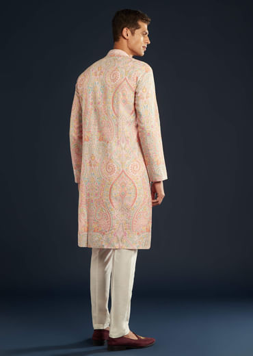 Pink Mens Kurta Set with Resham Thread Embroidery