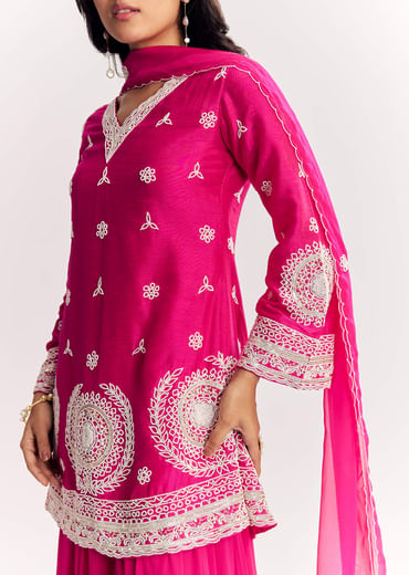 Pink Moti Work Short Kurta Palazzo Suit With Organza Dupatta