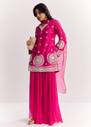 Pink Moti Work Short Kurta Palazzo Suit With Organza Dupatta