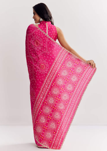 Pink Muslin Bandhani Printed Saree With Zari And Mirror Embroidery