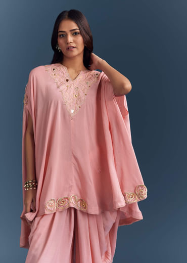 Pink Muslin Cape Top And Dhoti Set With Gota Work